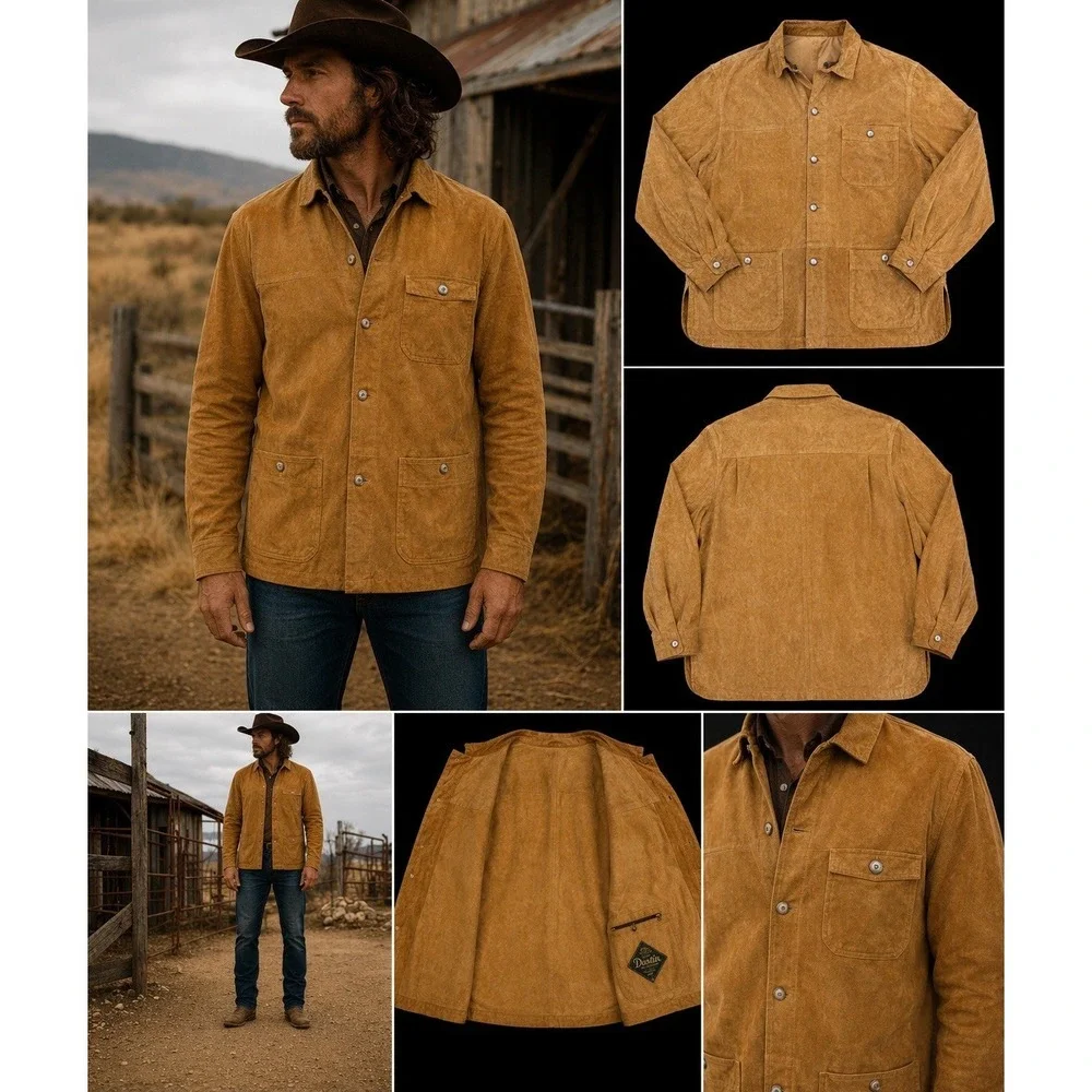 VTG Dustin Sport‎ Suede Shirt Shacket Mens L Western Patch Pockets Ranch Layer